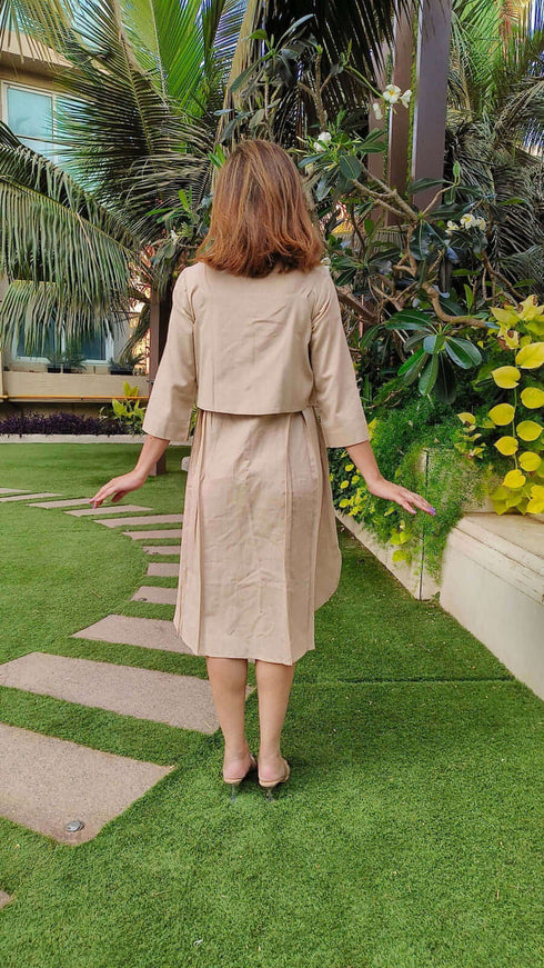 Beige Shirt Dress With Waist Coat